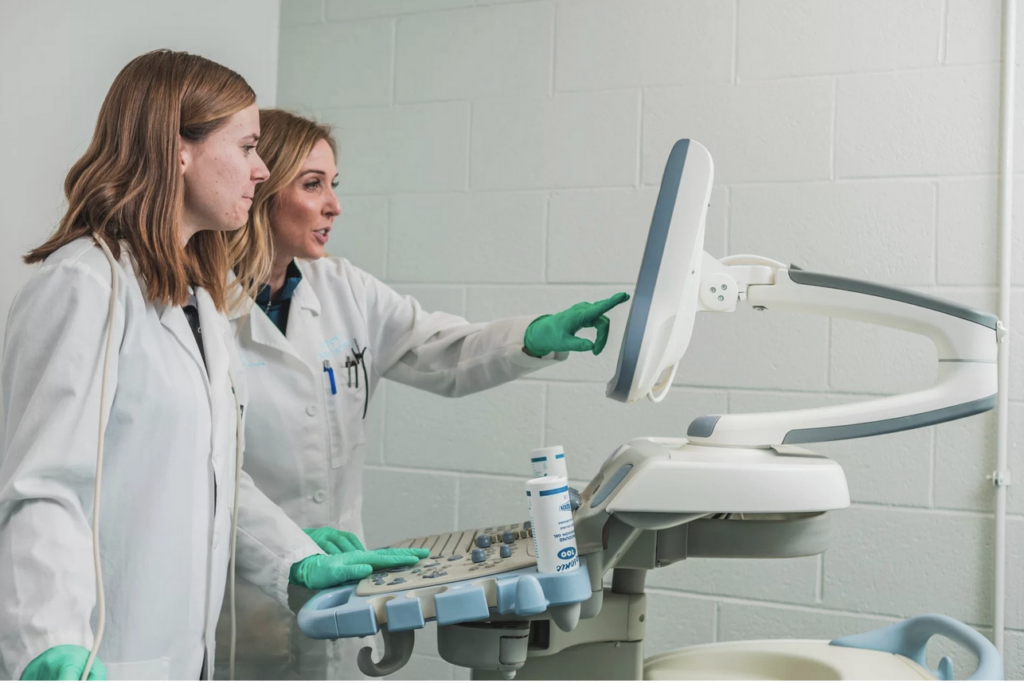 Researchers reading ultrasound data